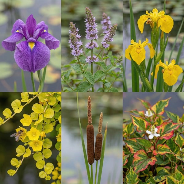 Auswahl von sechs verschiedenen Wasserpflanzen für den Gartenteich.