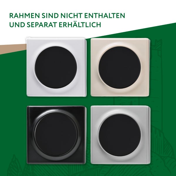 Vier Lichtschaltereinsätze mit runder Wippe. Hinweise: Rahmen nicht enthalten und separat erhältlich.