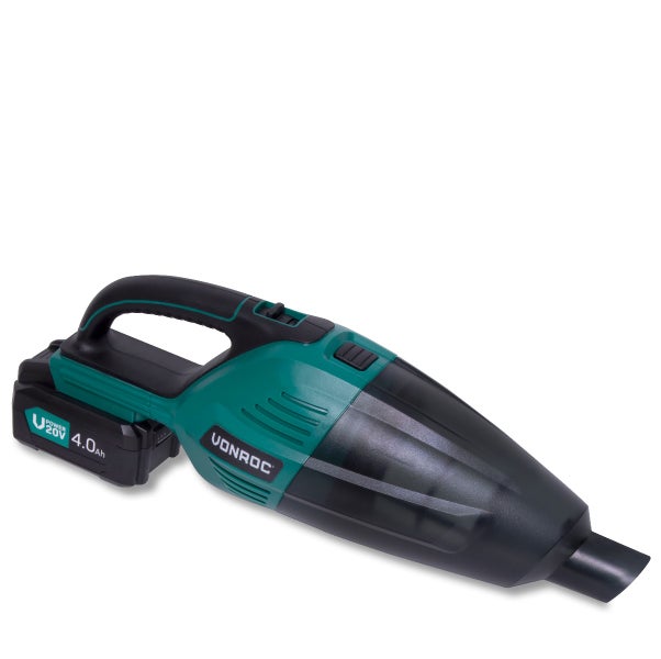VONROC Akku-Handstaubsauger/Handsauger – 20V – 0,5-L-Auffangbehälter - Inkl. 1 x 4,0-Ah Akku, Ladegerät, 3 Düsen und Verlängerungstück
