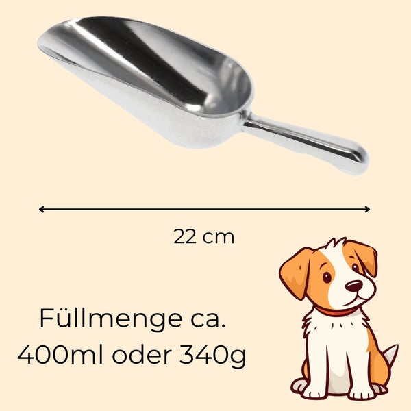 Futterschaufel aus Metall mit einer Länge von 22 cm und einem Füllvolumen von circa 400 ml oder 340 g