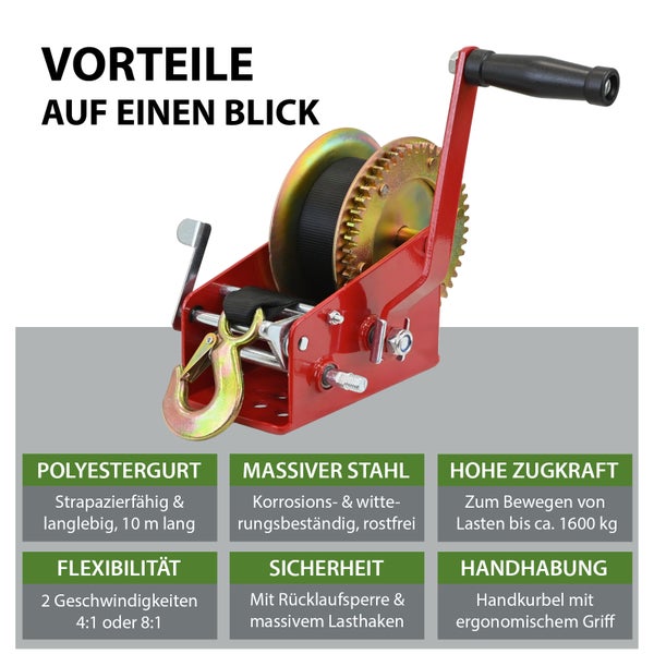 Handseilwinde mit Polyestergurt, massivem Stahl und hoher Zugkraft zum Bewegen von Lasten bis circa 1600 kg