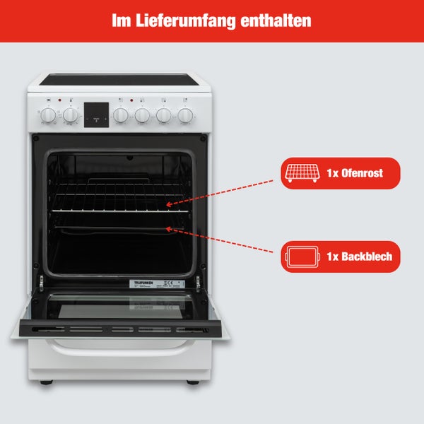 Elektroherd mit geöffneter Ofentür, inklusive Ofenrost und Backblech