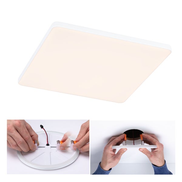 Quadratisches LED-Panel flach inklusive Darstellung der Montage in die Decke mit Federklammern.