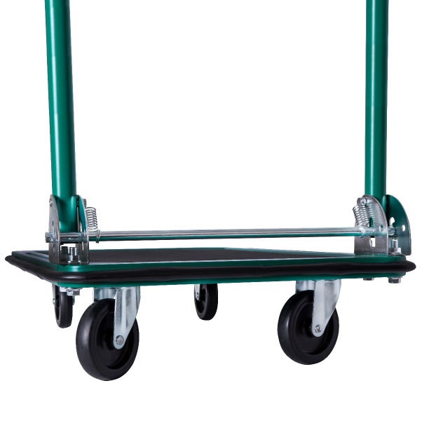 Detailansicht der Ladefläche und Lenkrollen eines klappbaren Transportwagens für schwere Lasten.