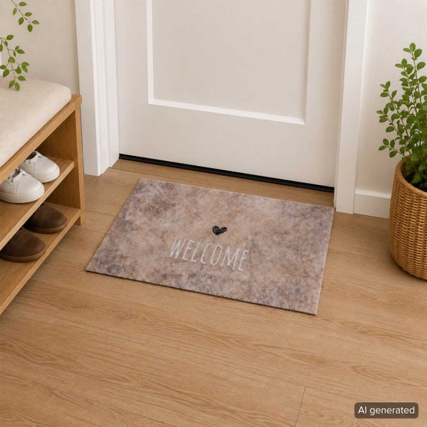 Fußmatte mit Welcome Schriftzug und Herz Motiv vor einer Zimmertür mit Schuhregal und Pflanze