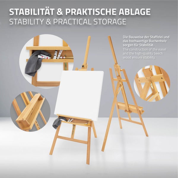 ECD Germany Große Staffelei 65x240 cm, Flexibel verstellbare Dreibein Atelierstaffelei aus massivem Buchenholz mit Malauflage, Klappbare Holzstaffelei für Leinwände bis 122cm, Sitz- und Standstaffelei