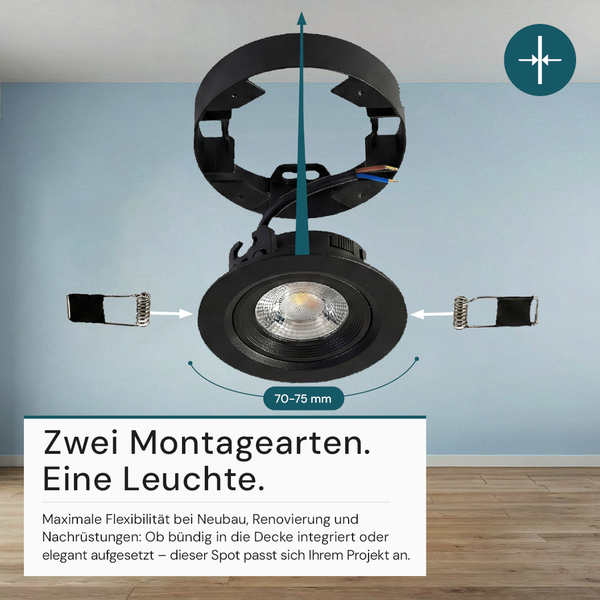 Deckeneinbaustrahler mit Montageanleitung für den Einbau in der Decke, Lochdurchmesser 70 bis 75 Millimeter
