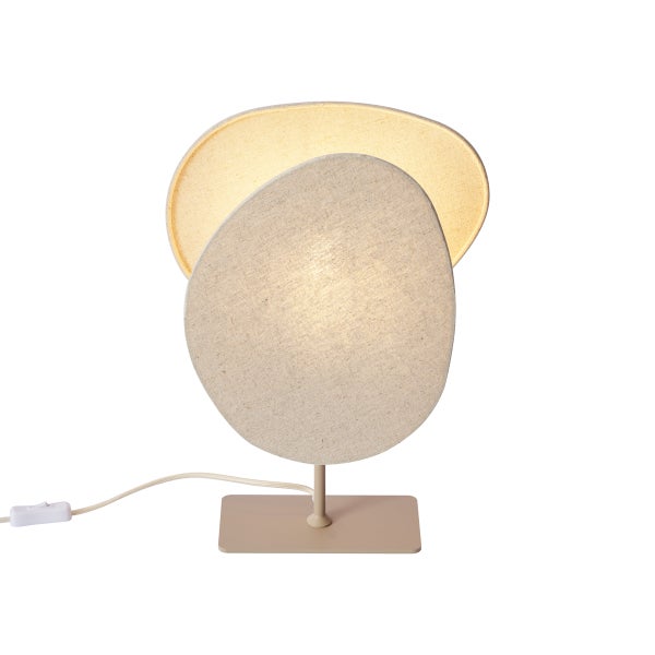 Tischleuchte mit zwei überlappenden Schirmen aus Leinen in organischer Form und einem flachen Metallsockel.