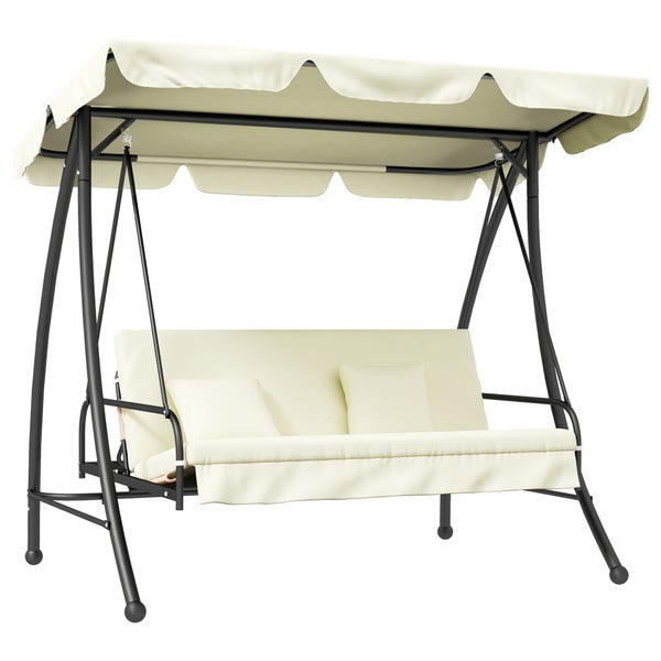 Outsunny 2 in 1 Hollywoodschaukel mit Liegefunktion 3-Sitzer Gartenschaukel mit verstellbarem Sonnendach, Schaukelbank belast bis 240kg, Gartenliege für Garten, Terrasse, 200x125x170 cm, Cremeweiß