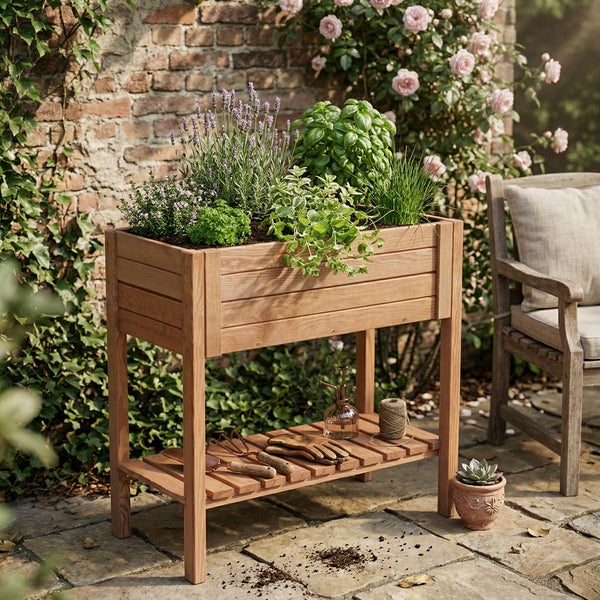 Graue Klemmmarkise mit gewelltem Volant auf einem modern eingerichteten Balkon mit Holzfußboden, zwei Sesseln und einem kleinen Holztisch.