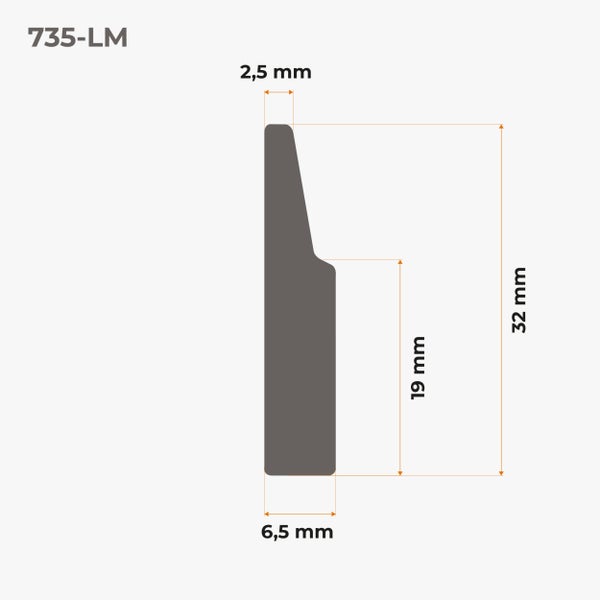 Technische Zeichnung eines Profils mit den Maßen 2,5 mm, 6,5 mm, 19 mm und 32 mm.