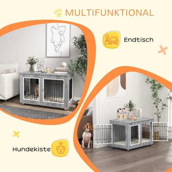 PawHut Hundekäfig, Hundehütte, Haustierkäfig mit Kissen, 2 Verriegelungen für Mittelegroße Hunde, Hundebox mit Doppeltüren, Hundehaus, Grau, 90 x 58 x 65 cm