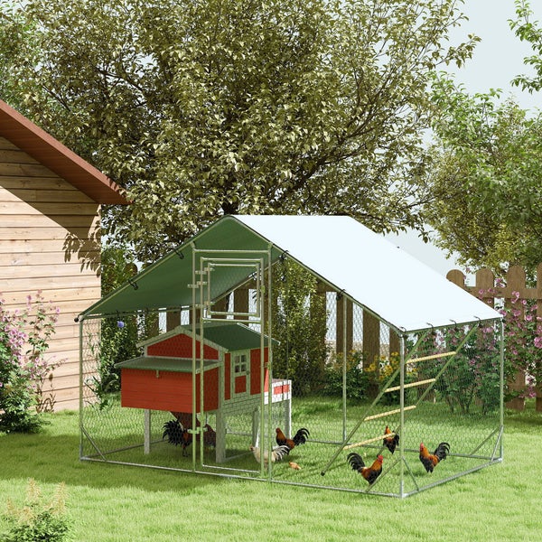 PawHut Hühnerstall Freilaufgehege aus Stahl, 300 x 200 x 195 cm Hühnerkäfig mit UV-beständiger Abdeckung, Futtertür, Hängefütterung, Sitzstange, Hühnergehege für 6-8 Hühner, Kleintiere, Silber