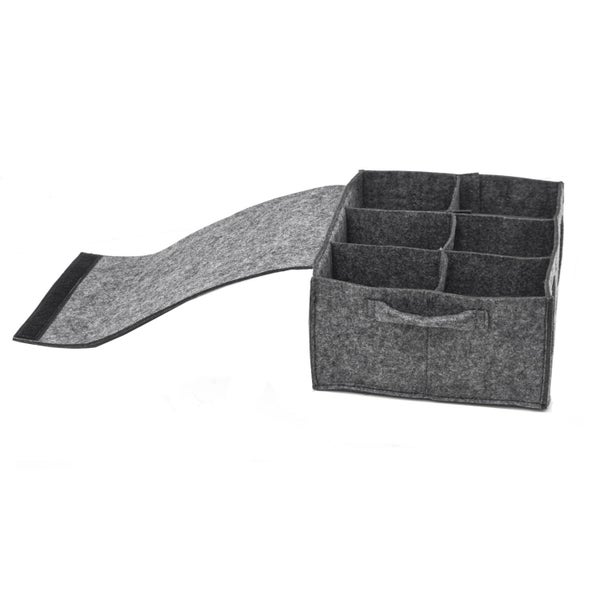 Quadratische Aufbewahrungsbox aus Filz mit sechs Fächern und aufklappbarem Deckel für Ordnung im Haushalt.