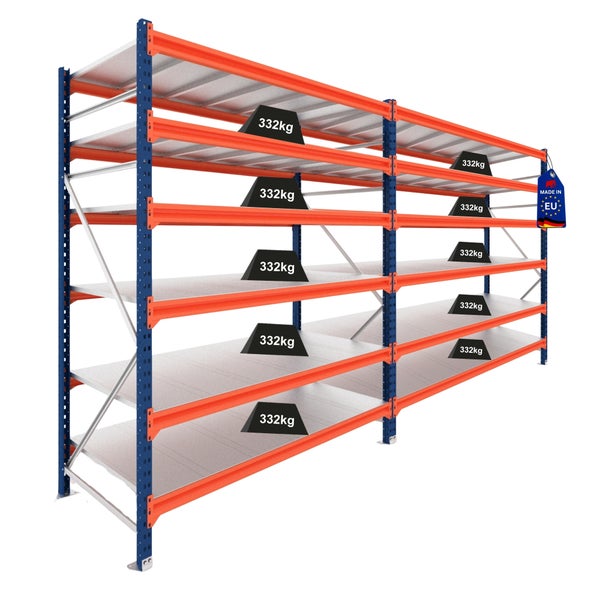 PROREGAL Weitspannregal Schwerlastregal Lagerregal DOMINUS | Komplettregal: 2 Felder | HxBxT 200x480x40cm | 6 Ebenen | Stahlplatten-Fachboden | Fachlast 332 kg | Blau/Orange