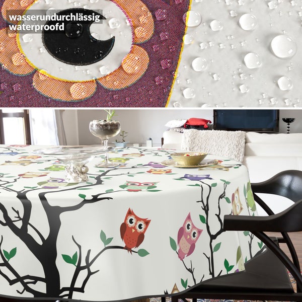 Wasserabweisende Tischdecke mit Eulendesign auf einem Esstisch