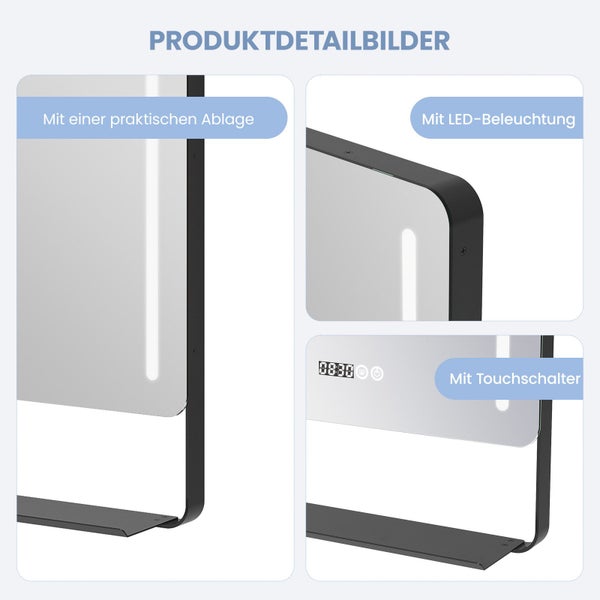 Produktdetails eines Badezimmerspiegels mit integrierter LED Beleuchtung, Ablagefläche, digitaler Uhranzeige und Touchschalter zur Bedienung.