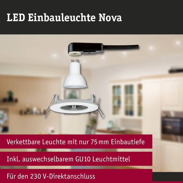 LED-Einbauleuchte Nova mit GU10-Leuchtmittel, Anschlussklemme und 75 Millimeter Einbautiefe in einer Explosionsdarstellung.