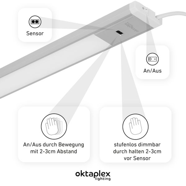 Oktaplex Riva LED Unterbauleuchte dimmbar mit Sensor 90cm warmweiß 3000K silber