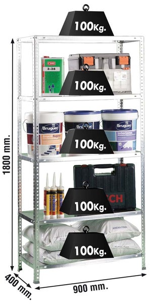 Verzinktes Metallregal 1800 x 900 x 400 Millimeter mit 5 Böden und 100 Kilogramm Traglast pro Fachboden.