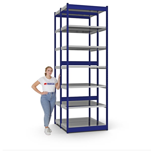 PROREGAL Fachbodenregal Stecksystem Vierkant-Profil Grundregal HxBxT 300 x 102,5 x 50 cm 2x7 Ebenen Doppelseitige Bauart Fachlast 200 kg Enzianblau