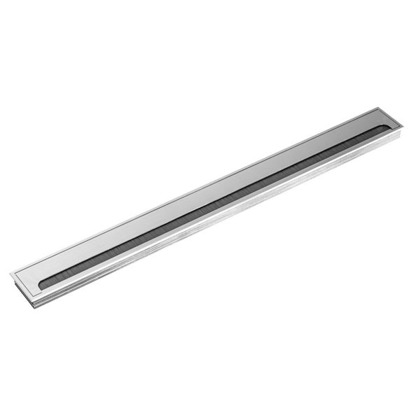 Langer Kabelauslass aus Metall mit Bürstendichtung zur geordneten Kabelführung im Schreibtisch.