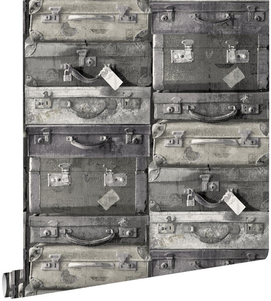 ESTAhome Tapete Vintage Koffer Schwarz und Grau - 53 cm x 10,05 m - 138216