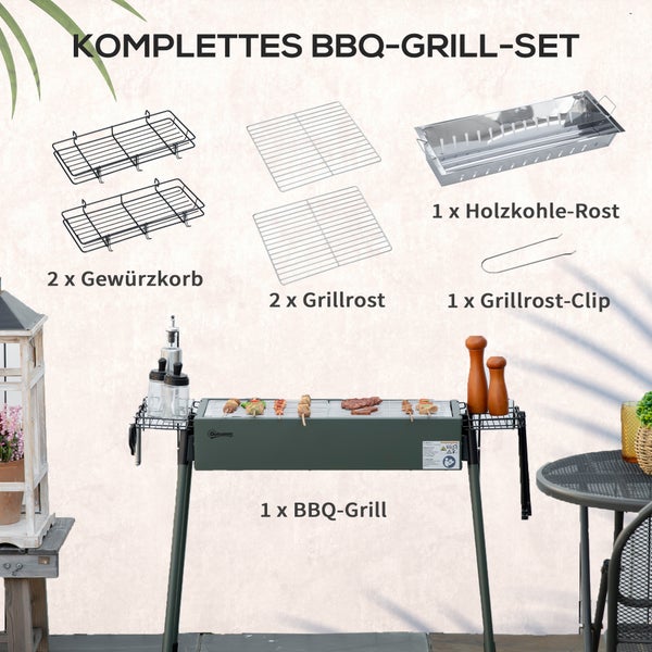 Komplettes Grillset mit Holzkohlerost, zwei Gewürzregalen, zwei Grillrosten, einer Grillrostklemme und einem Grill