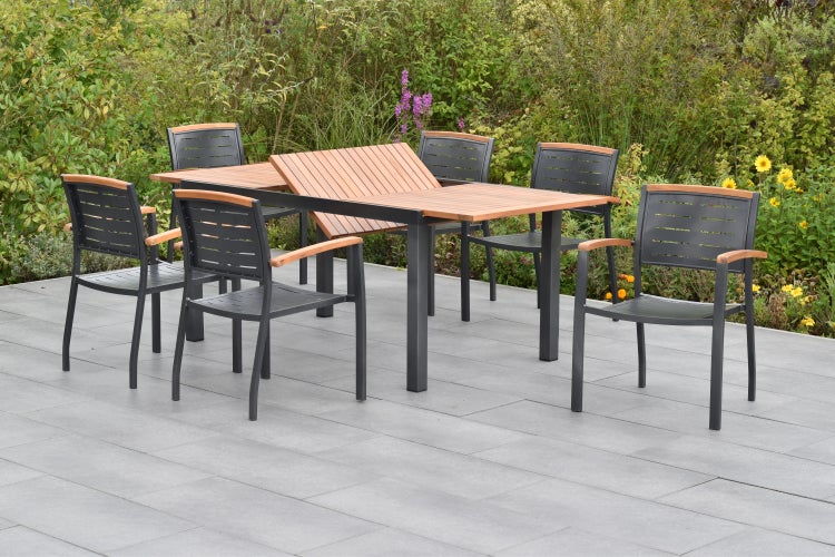 Tinos Gartenmöbelset 7tlg., Stapelsessel, Ausziehtisch 150 (200) x 90 cm