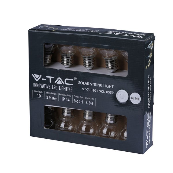 V-TAC Solar-Lichterkette mit 10 LED-Leuchtmitteln, 2 Meter Länge, IP 44 Schutzart, in schwarzer Verkaufsverpackung.