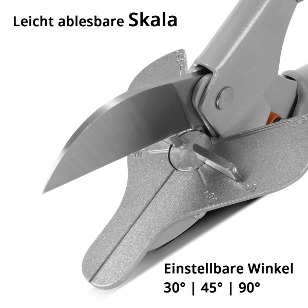 Gehrungsschere mit verstellbarer Winkelskala für 30, 45 und 90 Grad.