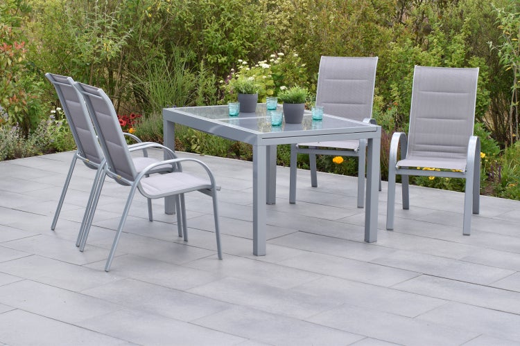 Amalfi di Lusso Set 5tlg., 4 Stapelsessel, Ausziehtisch 160 (220) x 90 cm, silber/diamantbraun