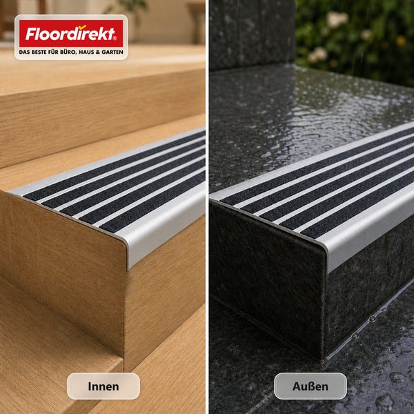 Floordirekt Logo, Treppenkantenprofil aus Metall mit rutschfester Einlage für Innen und Außenbereiche an Holztreppe und Steintreppe montiert.