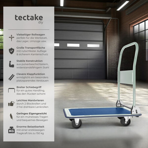 Tectake Rollwagen für Werkstatt, Lager und Umzüge mit großer Transportfläche und bis zu 150 Kilogramm Tragkraft