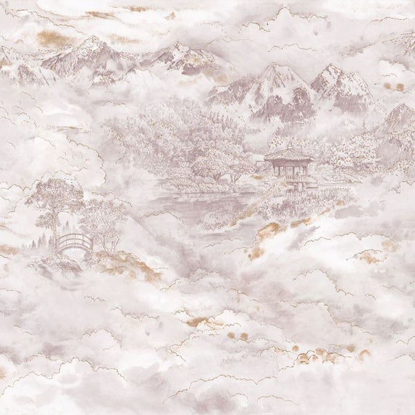 Tapete mit Berglandschaft, Wolken, See, Brücke und Pavillon