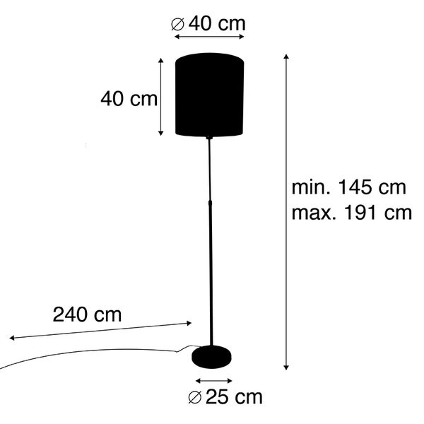 Maße Stehleuchte: Schirm 40 Zentimeter, Fuß 25 Zentimeter, Kabel 240 Zentimeter, Höhe minimum 145 bis maximum 191 Zentimeter.