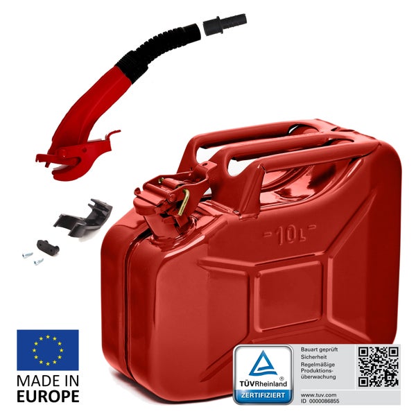 Roter 10 Liter Kraftstoffkanister aus Metall mit flexiblem Auslaufrohr und Montagehalterung. In Europa hergestellt. TÜV Rheinland Logo.
