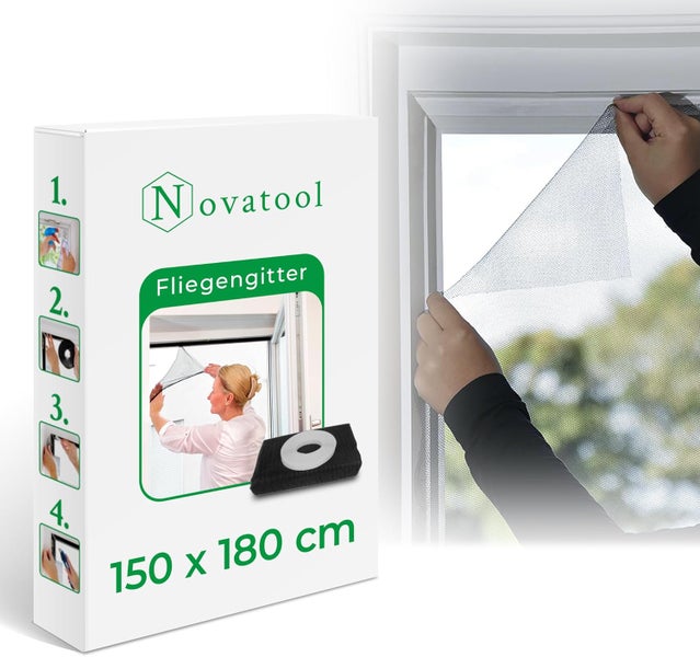 Novatool Fliegengitter für Fenster, 150 mal 180 Zentimeter, inklusive Befestigungsband und Darstellung der Montage am Fensterrahmen.