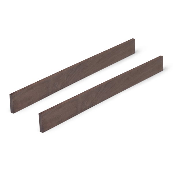 Zwei schmale Trennwände aus dunkelbraunem Holz für Regale.