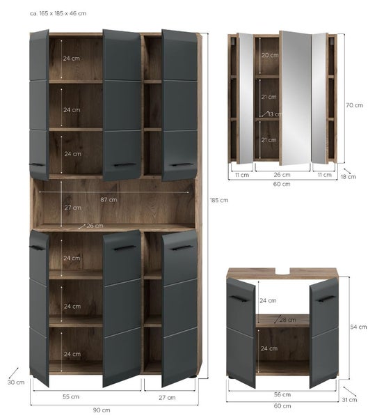 Badezimmermöbel-Set mit Maßangaben für Hochschrank, Spiegelschrank und Waschbeckenunterschrank in Zentimeter.