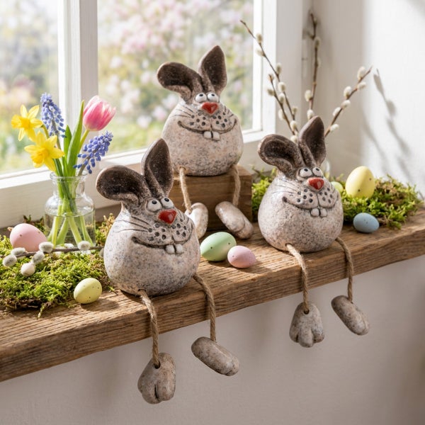 Drei sitzende Osterhasen aus Keramik mit baumelnden Beinen auf einem Holzbrett dekoriert mit Frühlingsblumen und Ostereiern als Osterdekoration.