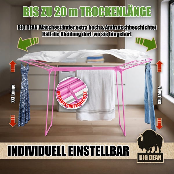 Big Dean Wäscheständer mit 20 Meter Trockenlänge, extra hoch, individuell einstellbar und mit Antirutschbeschichtung für sicheren Halt der Wäsche.