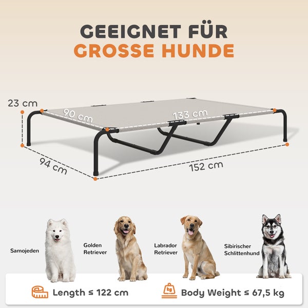 Erhöhte Hundeliege für große Hunde, Maße 152 Zentimeter Länge, 94 Zentimeter Breite, 23 Zentimeter Höhe. Belastbar bis 67,5 Kilogramm.