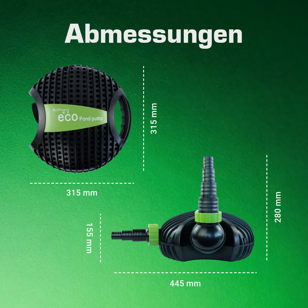 Abmessungen der Teichpumpe: Gehäusedurchmesser 315 Millimeter, Gesamtlänge 445 Millimeter, Höhe mit Anschluss 280 Millimeter.