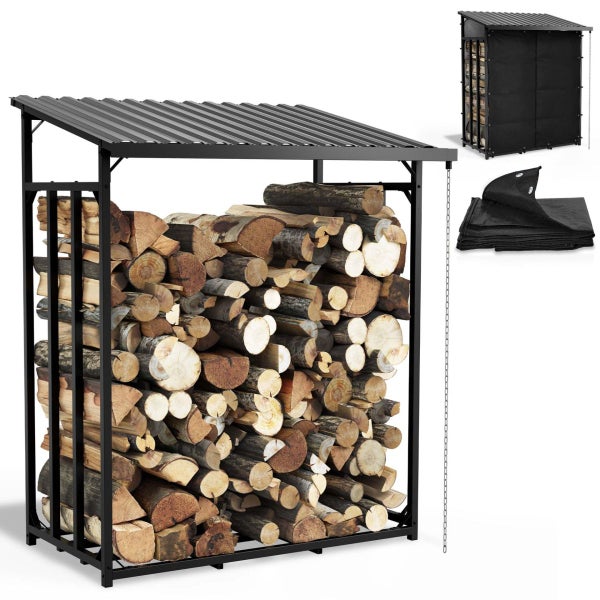 Kaminholzregal aus Metall mit Pultdach und Abdeckplane, gefüllt mit Brennholz.