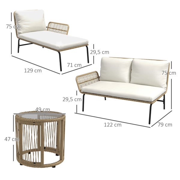 Outsunny 3-tlg. Rattan Gartenmöbel-Set, Gartengarnitur mit Liegestuhl, Couchtisch, Zweisitzer, Gartenset mit Sitzkissen, Balkonmöbel-Set für Garten, Terrasse, Creme