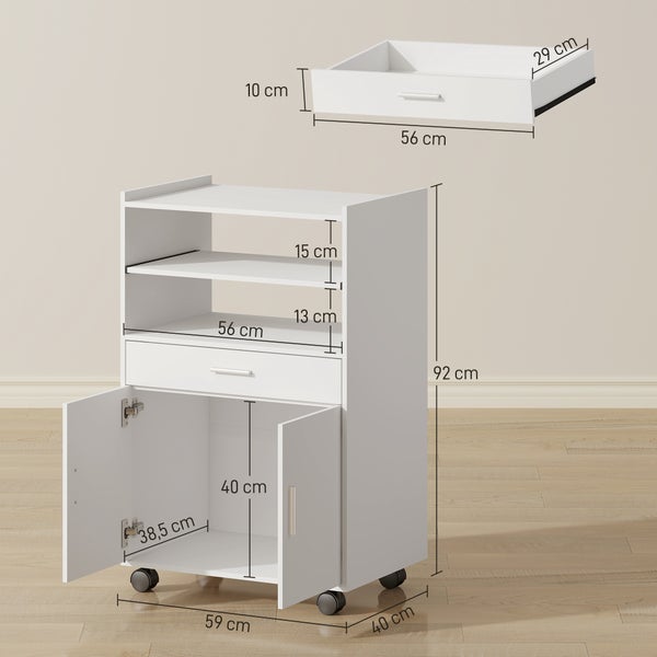 Weißer Küchenwagen auf Rollen mit zwei offenen Ablagen, einer Schublade und einem Schrankteil, Maße 59 mal 92 mal 40 Zentimeter.