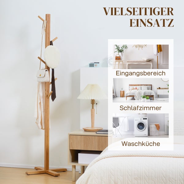 HOMCOM Garderobenständer aus Bambus, Jackenständer mit 8 Haken, Garderobe, Kleiderständer für Schlafzimmer, Flur, Hüte, 49,5 x 49,5 x 178 cm, Natur