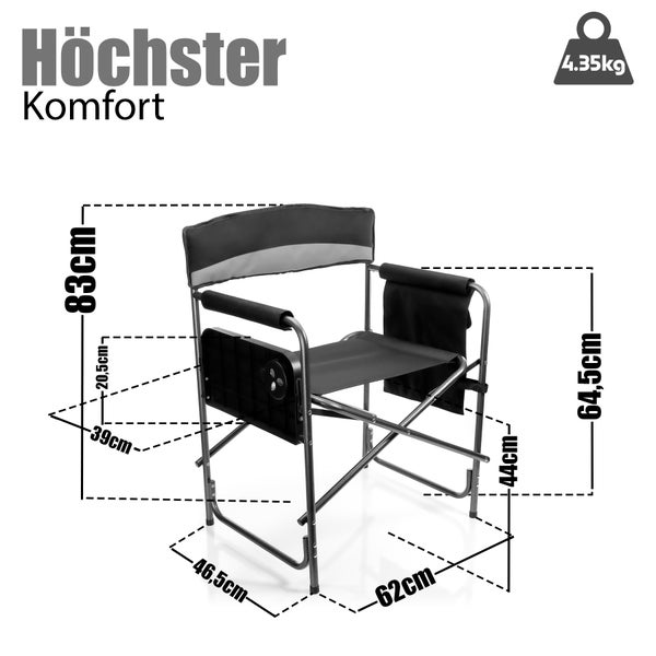 Regiestuhl mit Maßen und Gewicht von 4,35 Kilogramm.