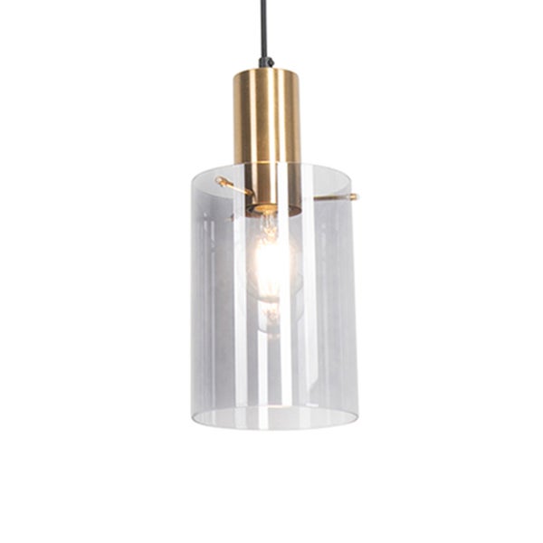Moderne Pendelleuchte mit zylindrischem Glasschirm und goldfarbener Metallfassung.
